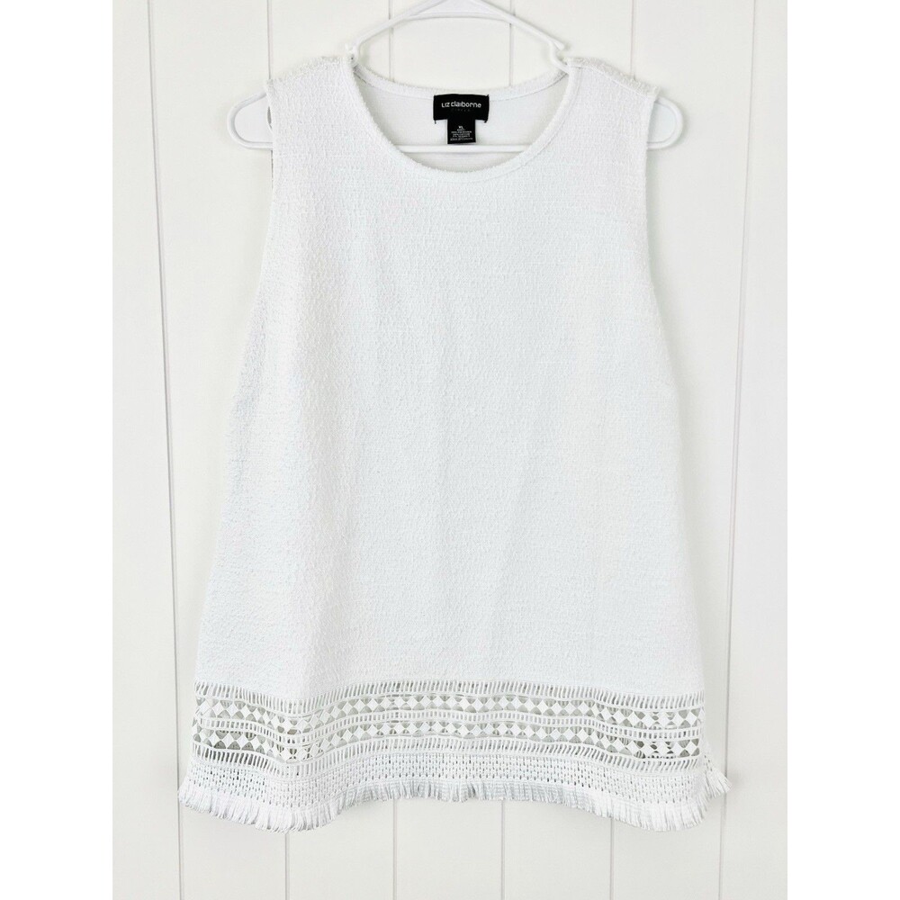 Liz Claiborne White Soft Knit Fringe Coastal Lagenlook Blouse Boho Minimalist XL